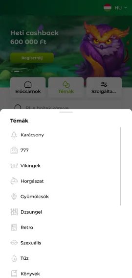 Pillanatkép a Verde Casino alkalmazás menüjéről