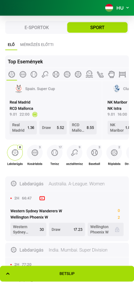 Pillanatkép a Verde Casino alkalmazás sportrészlegéről